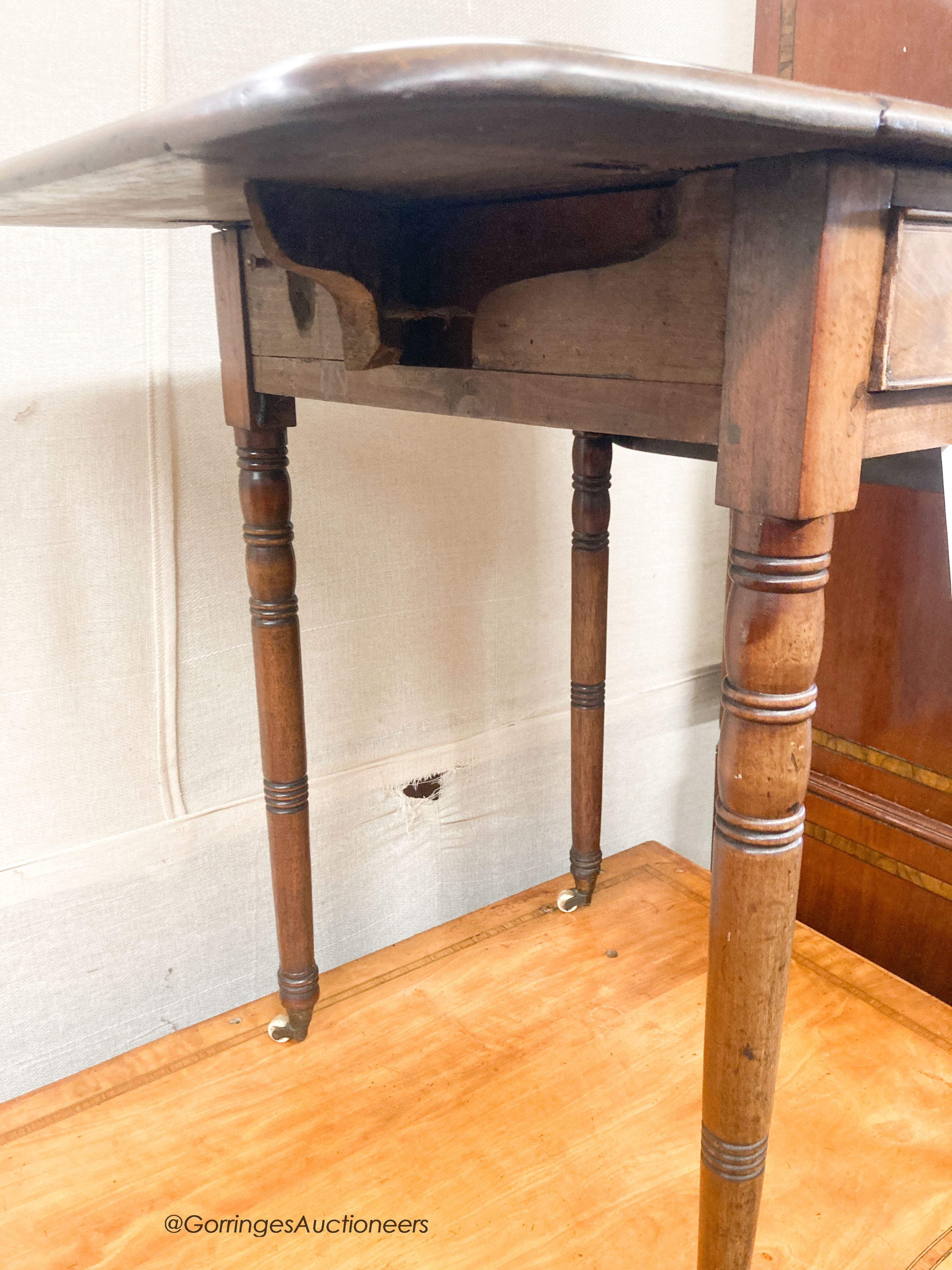 A Regency mahogany drop flap, work table, width 42cm, depth 54cm, height 70cm